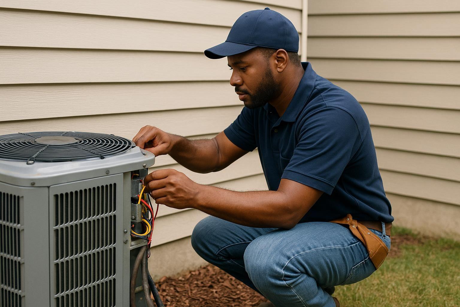 HVAC technician inspecting outdoor AC unit