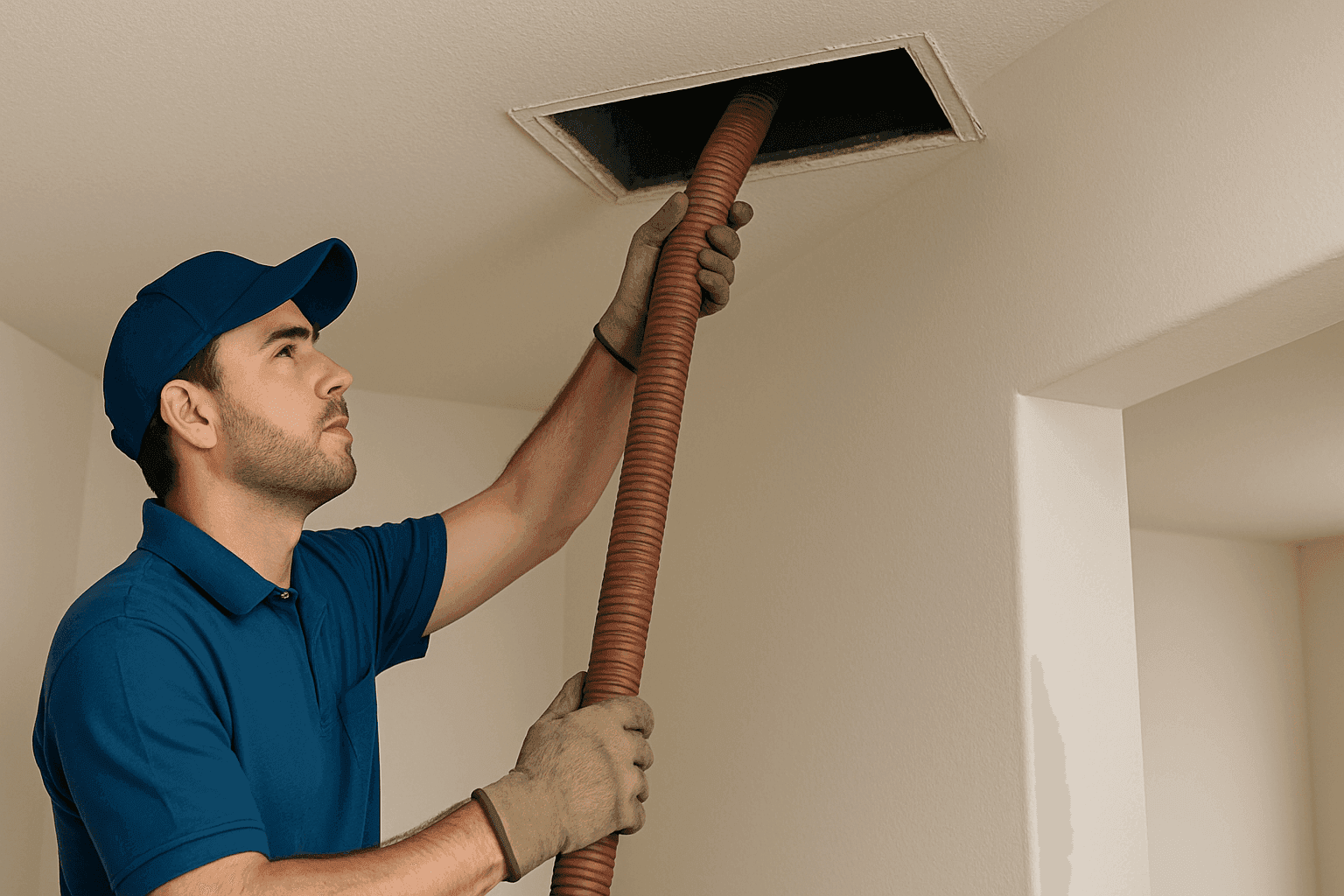 HVAC technician cleaning air ducts inside a home