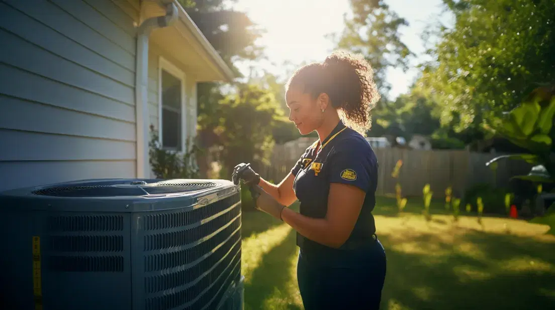 HVAC technician inspecting heat pump system