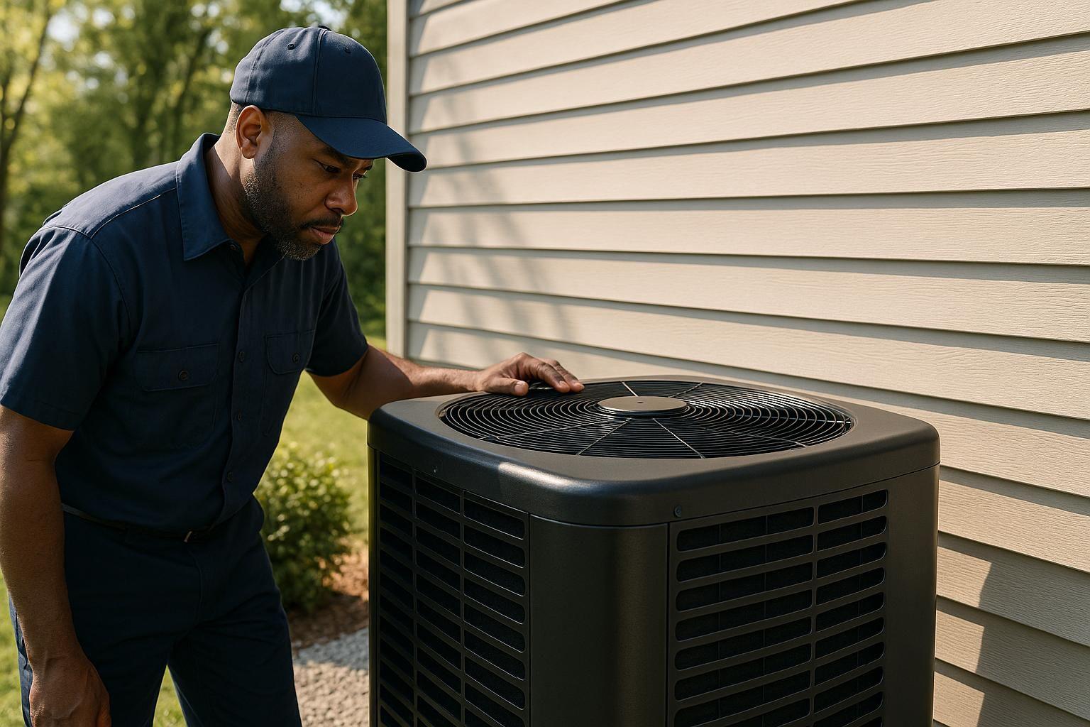 HVAC technician inspecting heat pump system