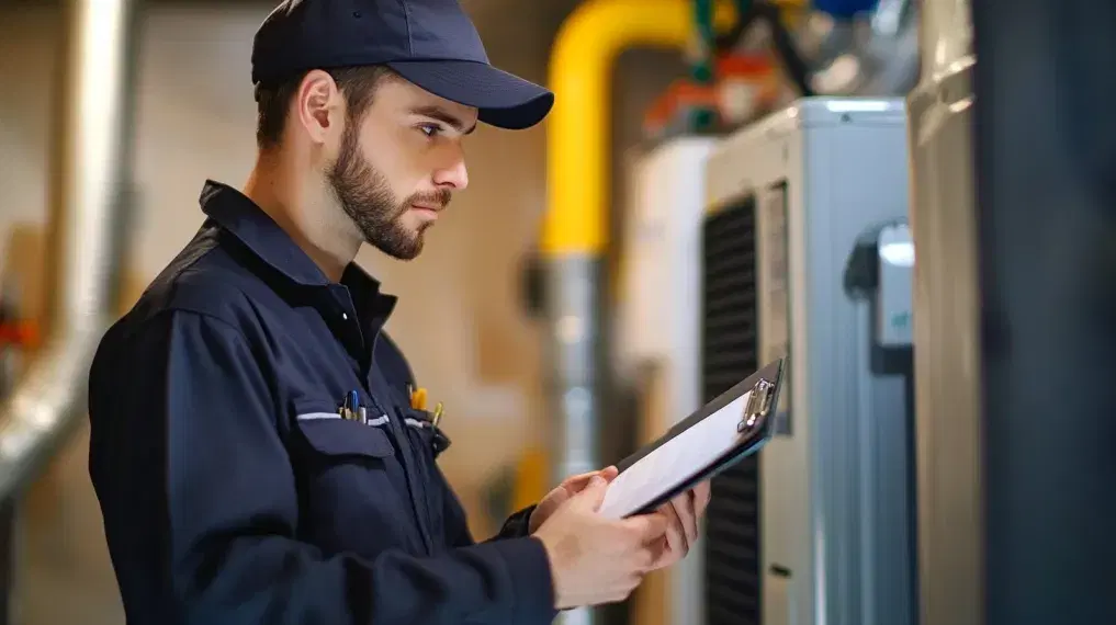 HVAC technician looking at clipboard