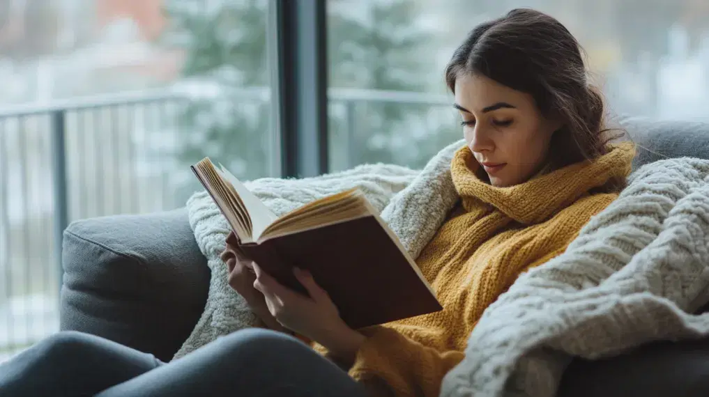 Woman reading a book on the couch
