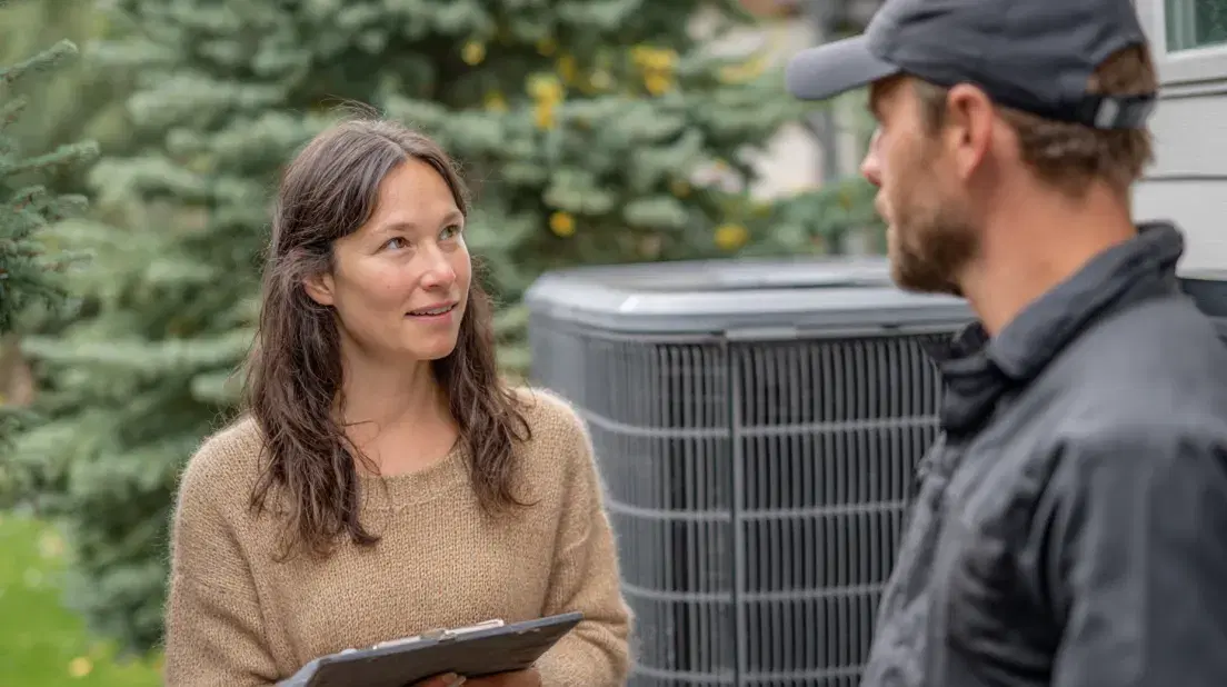 Homeowner talking with HVAC technician next to air conditioning system