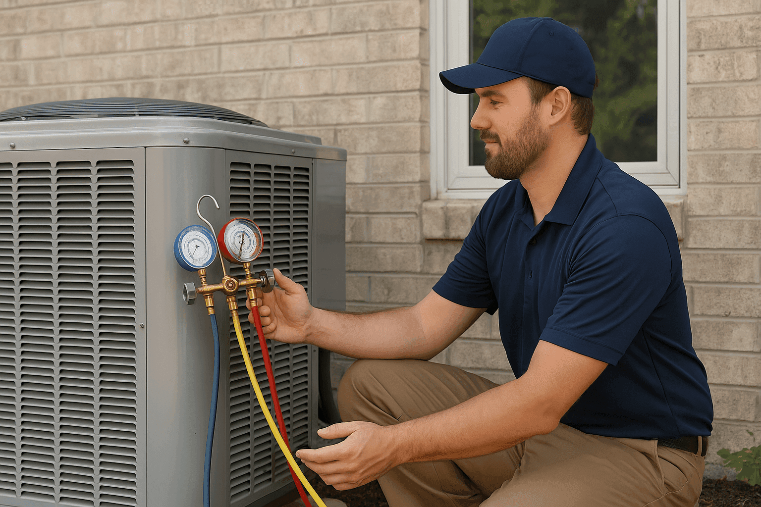 HVAC technician checking refrigerant levels on an air conditioner